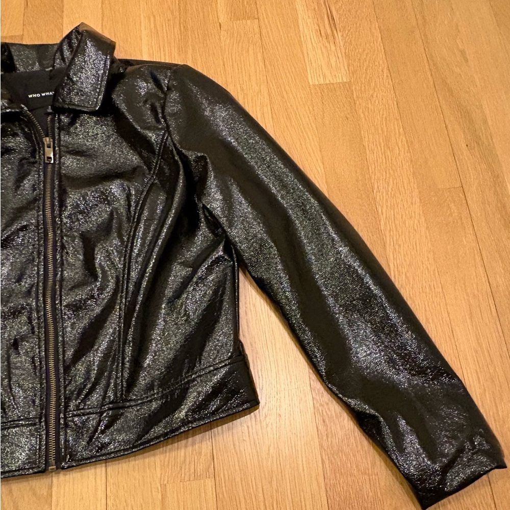 Who What Wear Womens Black Patent Faux Leather Bomber Biker Jacket / Size S - Picture 11 of 15